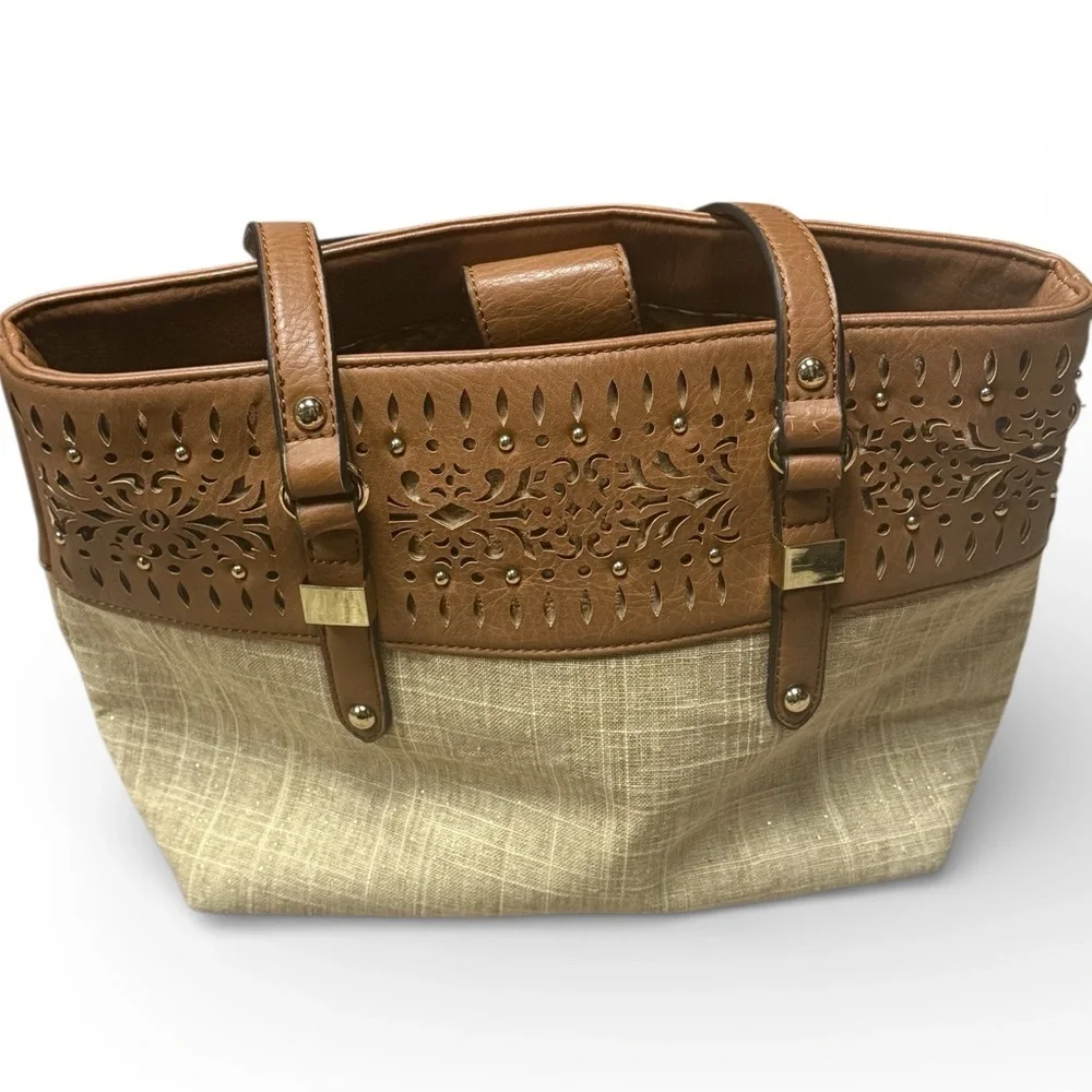Nicole Miller Tan Sparkly Linen & Faux Leather Laser-Cut Tote Handbag - Picture 3 of 14